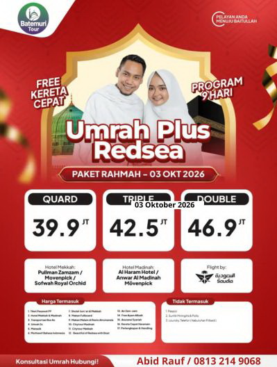 Umrah Reguler Plus RedSea, Kereta Cepat ,09 Hari, Btt Ahz, Berangkat 03 Oktober 2026